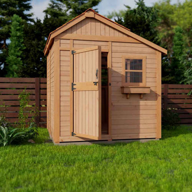 Outdoor Living Today 8×8 Sunshed Garden Shed stands with its door open