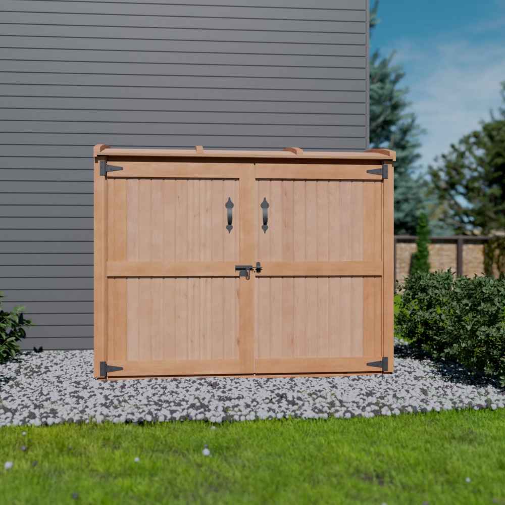 Outdoor Living Today Oscar Storage Shed is placed beside a modern house, fully closed