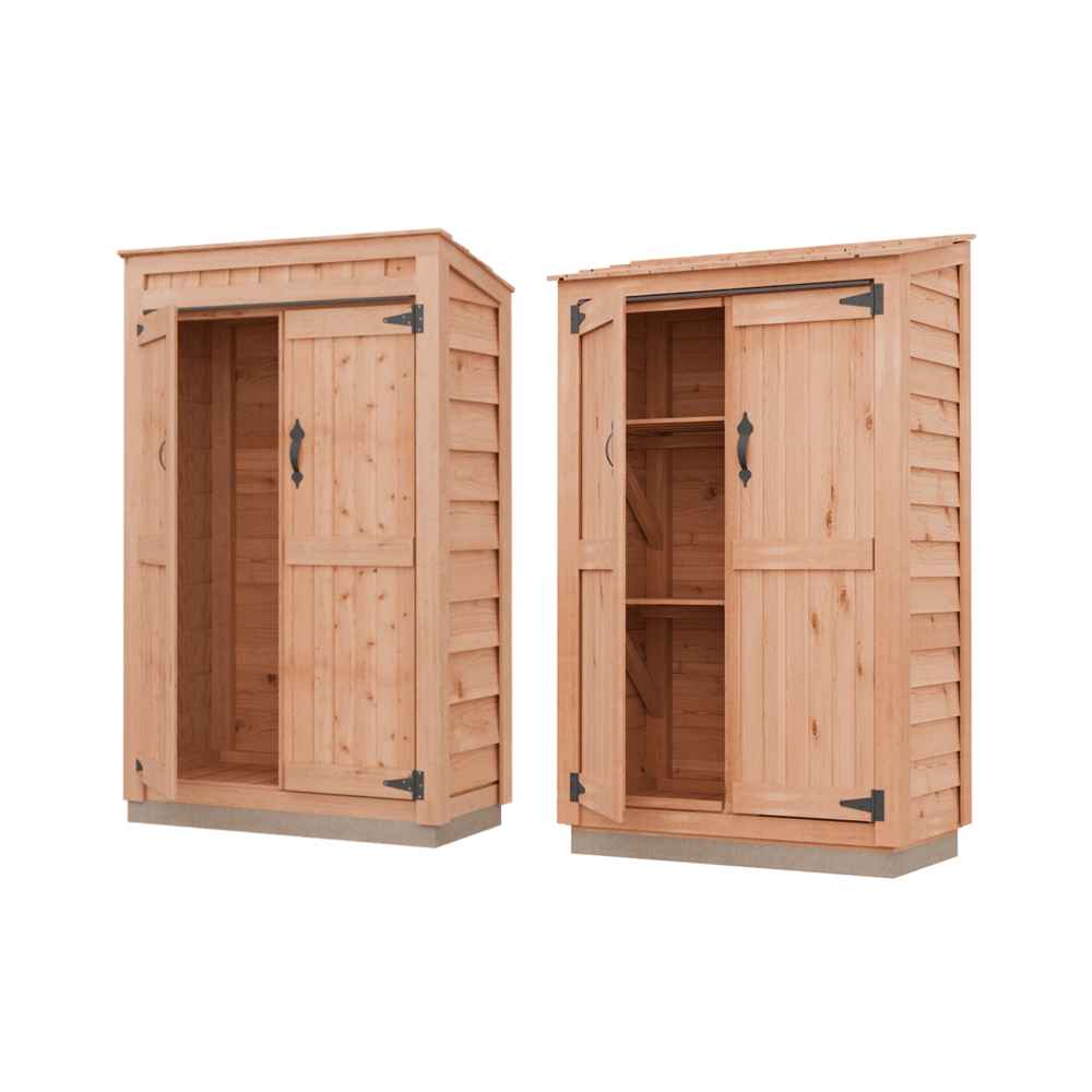 Product view of two 4 x 2 Outdoor Living Today Garden Chalet sheds showcasing empty and shelved interior configurations side-by-side