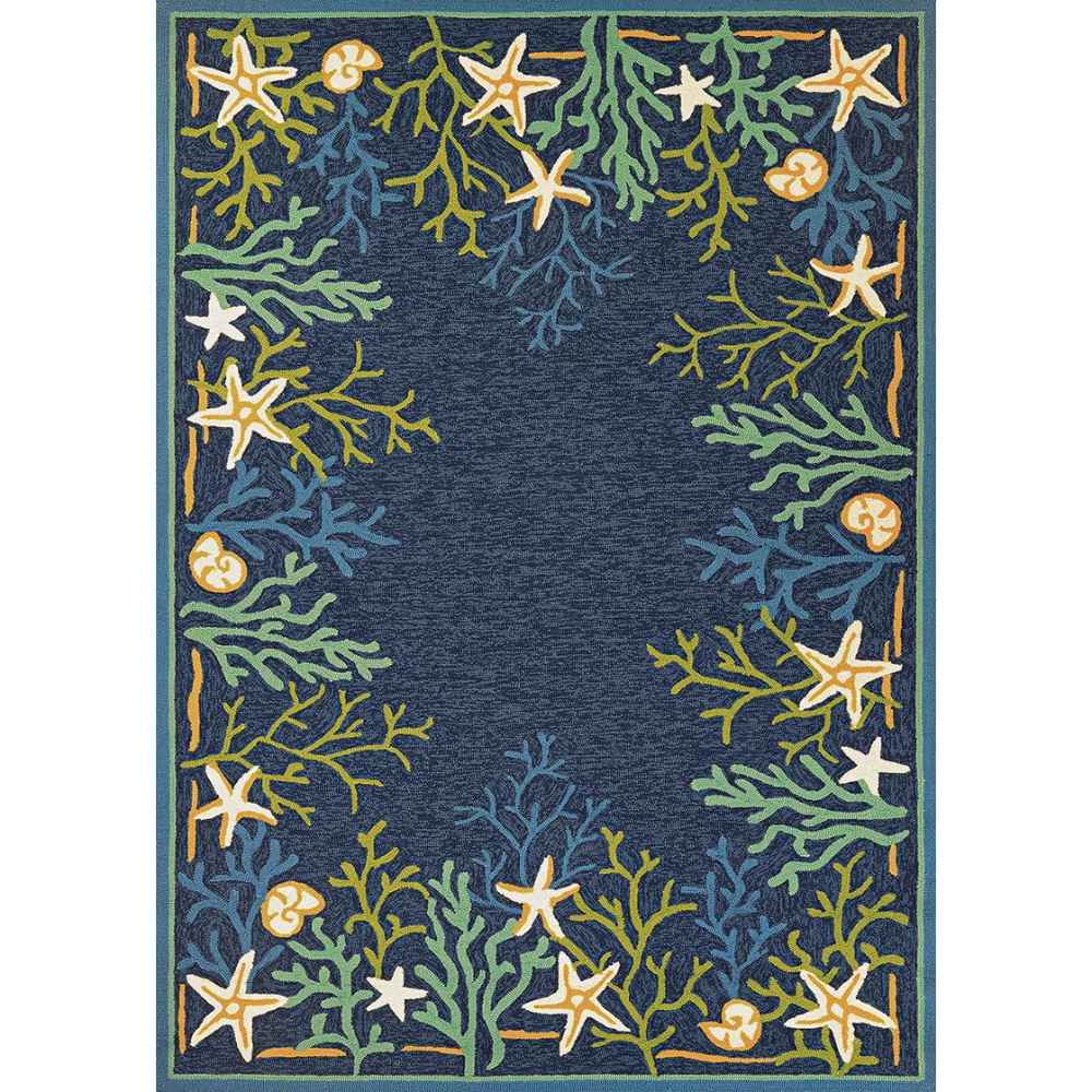 Rectangular version of the Couristan Covington Indoor/Outdoor Rug - Sea Water/Ocean-Aqua shows a bold marine border filled with starfish, shells, and seaweed on a solid navy field