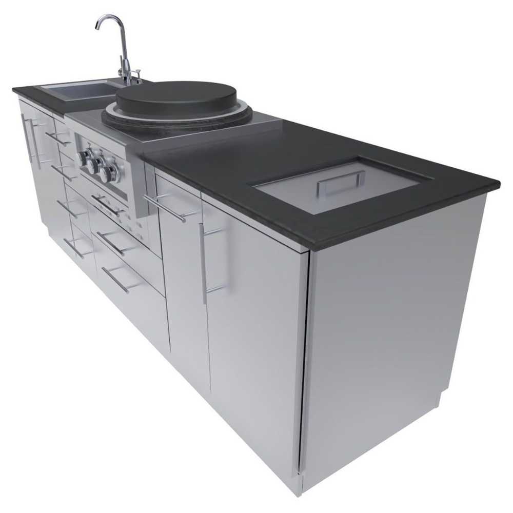 Right side of the Sunstone Mongo 8ft Outdoor Grill & Cabinet Island Package, highlighting the griddle and a closed ice chest compartment