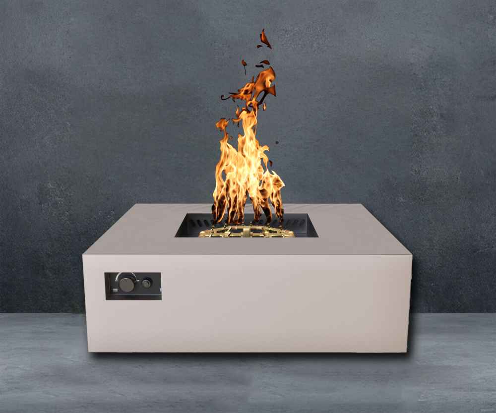 Sand Pebble Warming Trends AON Steel Square Fire Pit Table is lit with bright flames over its brass burner