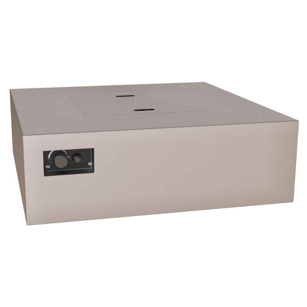 Sand Pebble Warming Trends AON Steel Square Fire Pit Table is viewed at an angle with a clean surface and control panel on the left