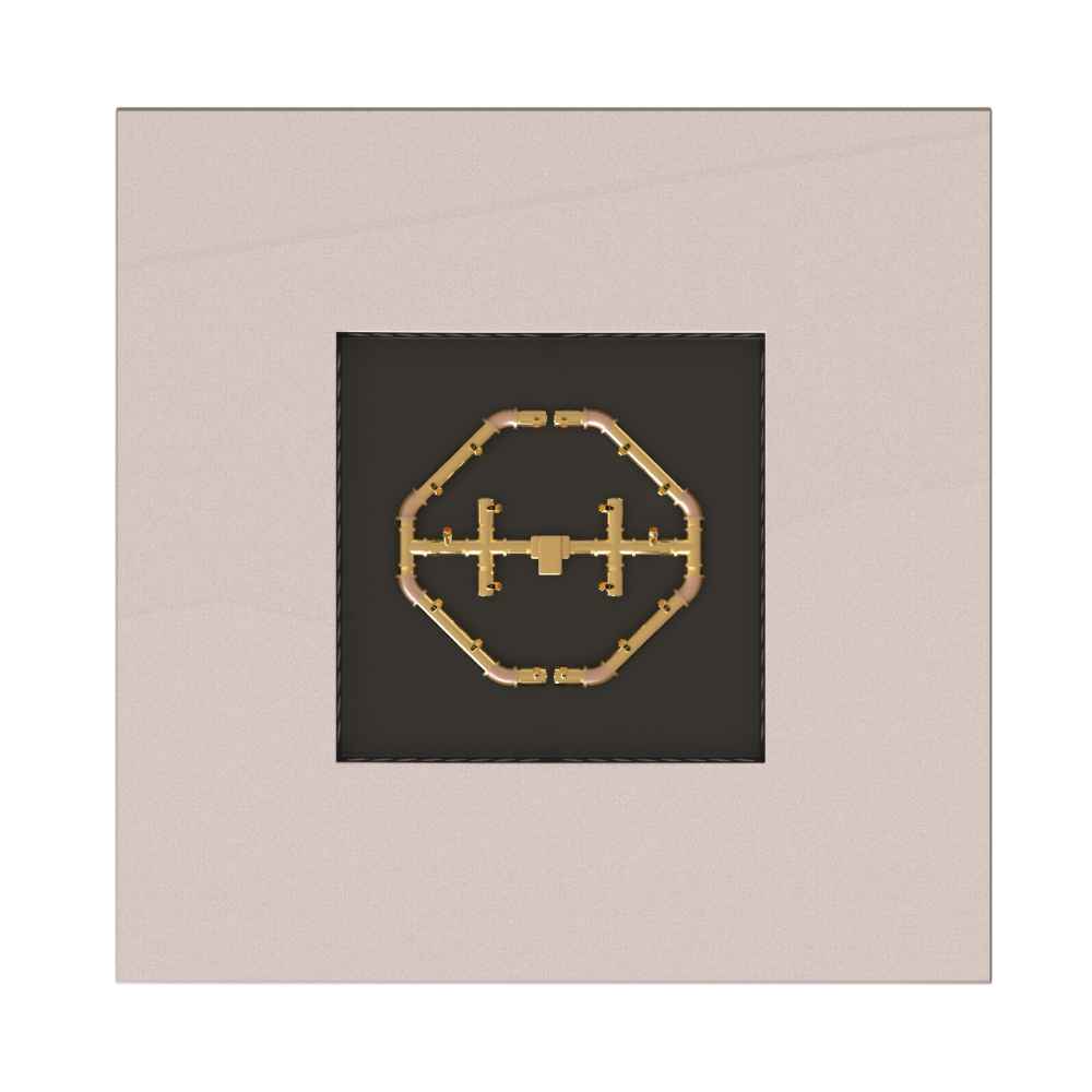 Sand Pebble Warming Trends AON Steel Square Fire Pit Table is viewed from the top displaying its geometric brass burner