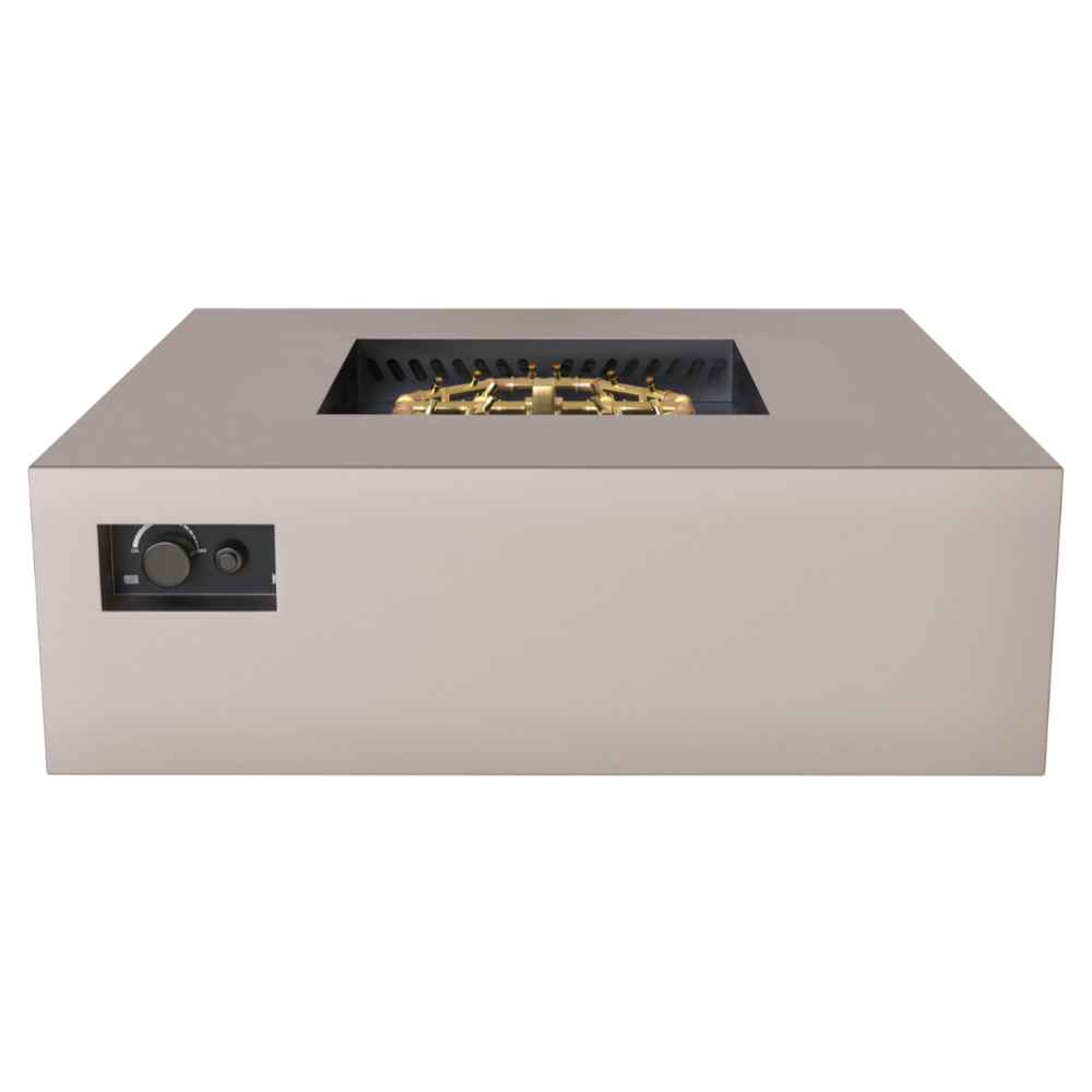 Sand Pebble Warming Trends AON Steel Square Fire Pit Table shows an open burner area with brass components inside