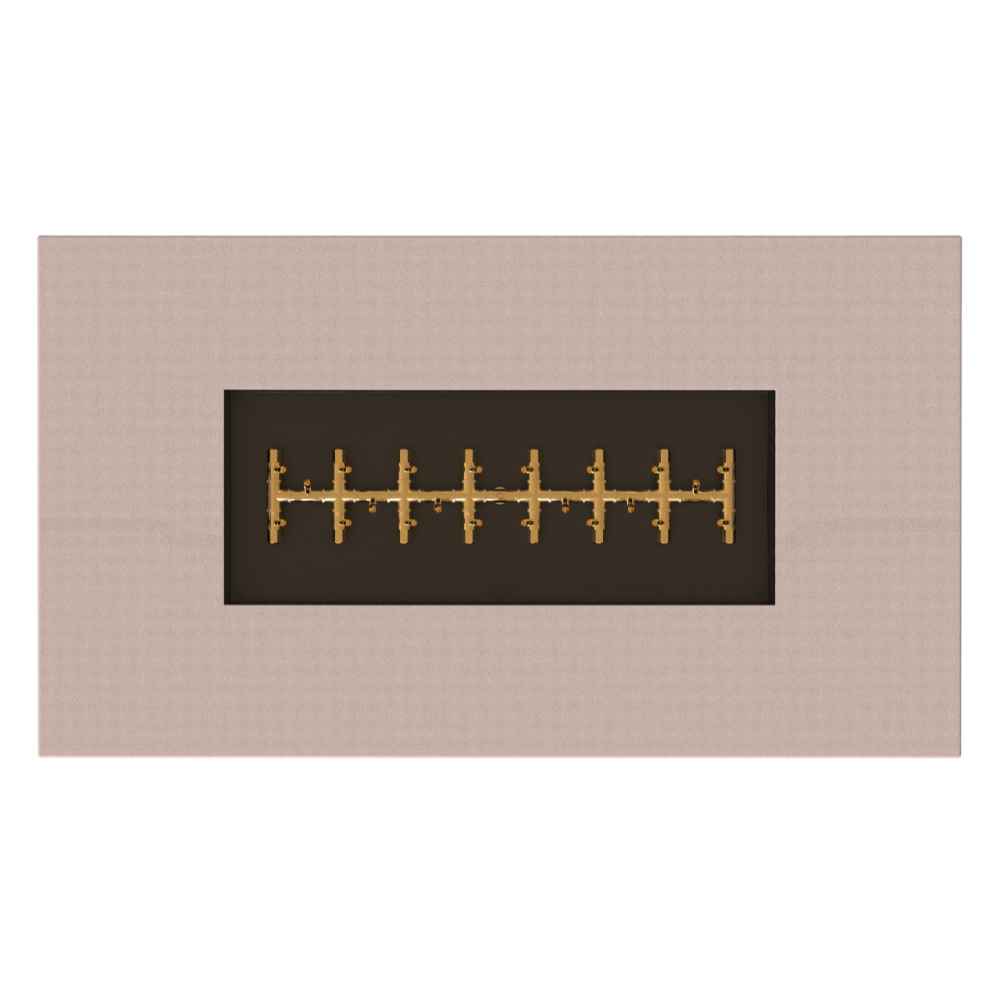 Sand Pebble Warming Trends AON Steel Rectangular Fire Pit Table highlights the brass burner jets in a clean sand-colored frame