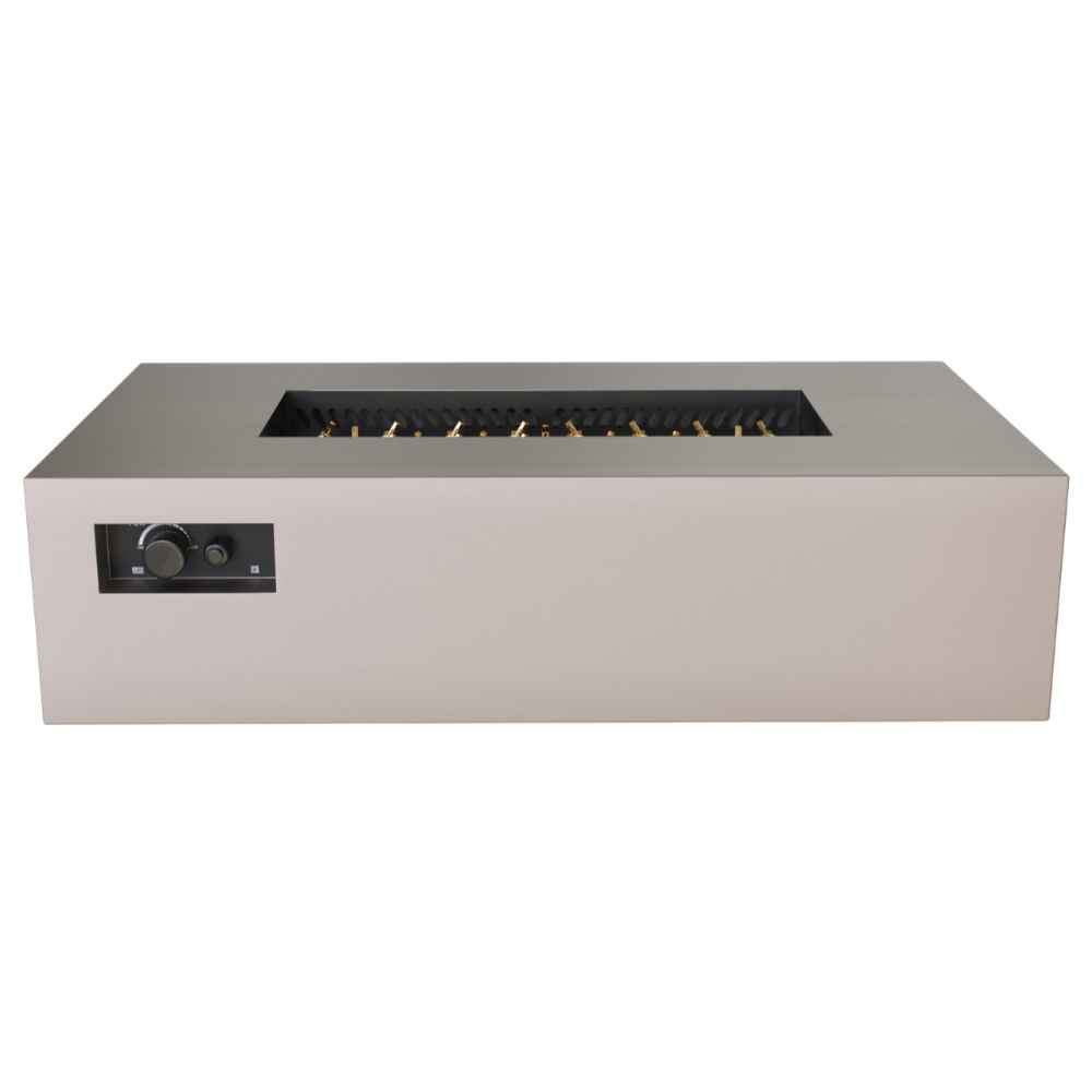 Sand Pebble Warming Trends AON Steel Rectangular Fire Pit Table is shown unlit, displaying its clean rectangular shape and burner tray