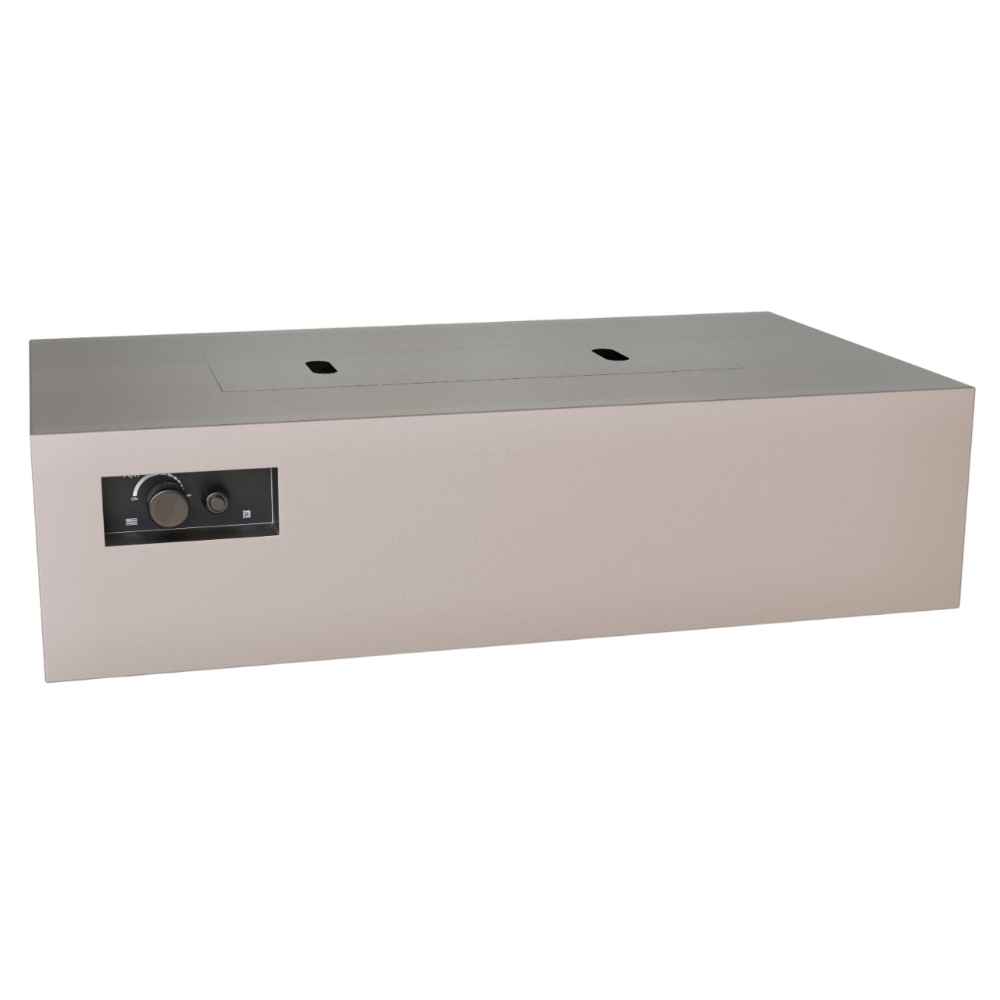 Sand Pebble Warming Trends AON Steel Rectangular Fire Pit Table shows a closed burner top and control panel