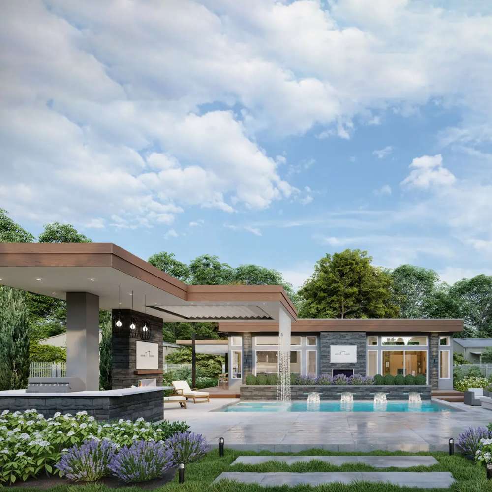 Sawmill Structures The Algonquin Garden Suites displays a full view of a luxury garden suite with a pool, pergola, landscaped paths, and stone architecture