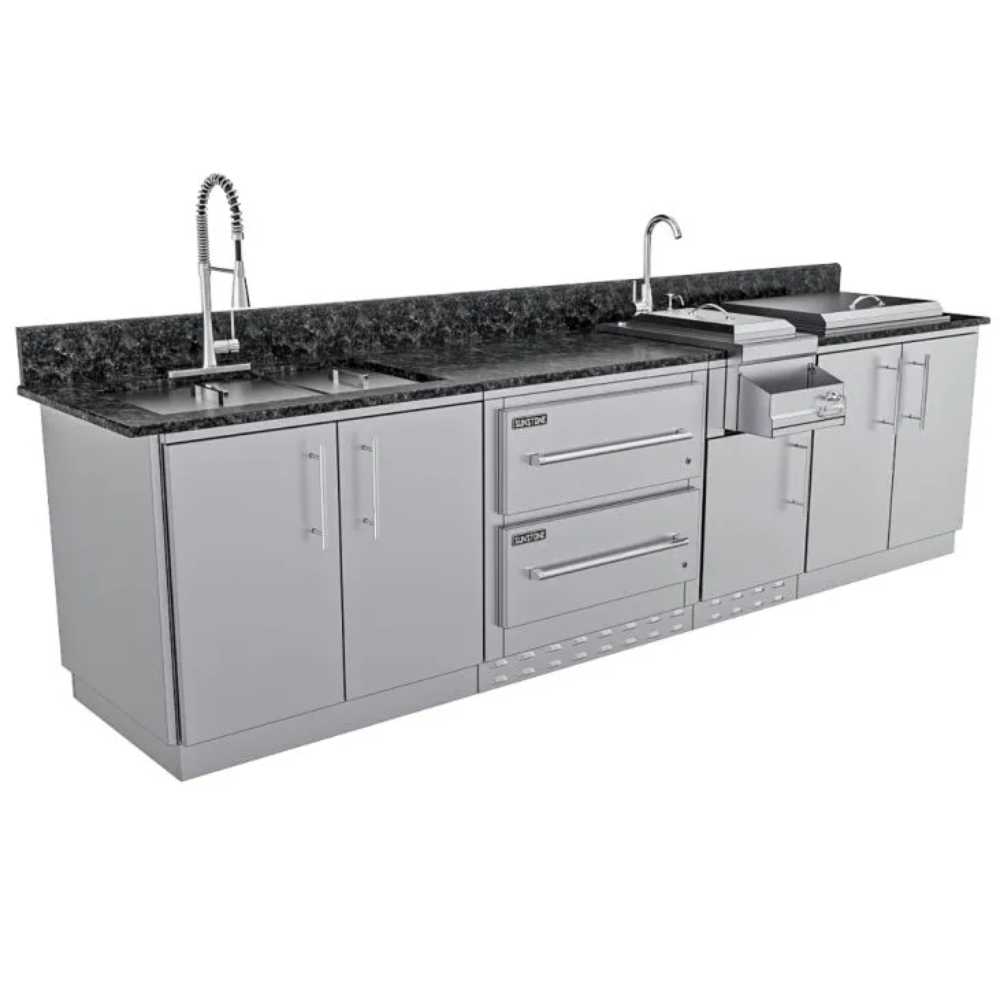 Side angle of the Sunstone Galley 10ft 8in Clean & Prep Cabinet Island Package highlights its granite countertop, modern faucets, and integrated grill setup