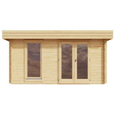 Straight-on studio image of the GardenHouse24 USA Miriam 44A Modern Garden Room showcasing its symmetrical design with windows and a door