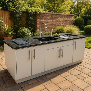 Sunstone 7ft Bar Center Outdoor Island Package features a black countertop, dual sinks, and sleek white cabinets for outdoor use