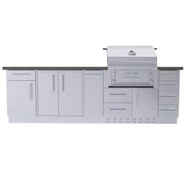 Sunstone Alamo 9ft Outdoor Hybrid Gas Charcoal Grill & Cabinet Island Package is captured in a straight-on shot, showcasing its even layout and sturdy stainless-steel build