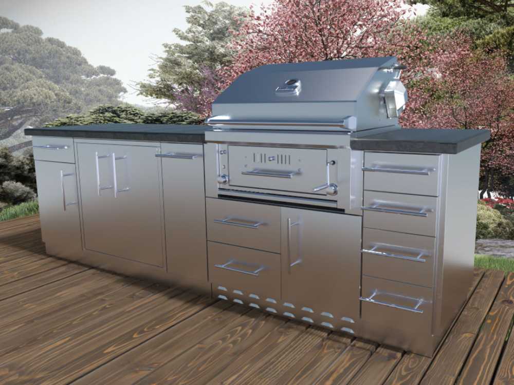 Sunstone Alamo 9ft Outdoor Hybrid Gas Charcoal Grill & Cabinet Island Package is fully installed on a wooden deck with blooming trees in the background