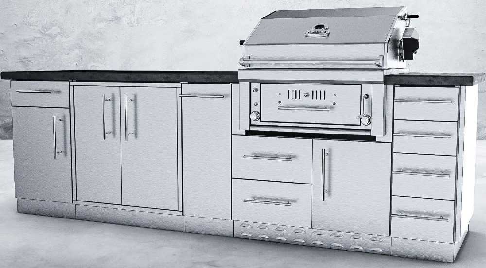 Sunstone Alamo 9ft Outdoor Hybrid Gas Charcoal Grill & Cabinet Island Package is showcased against a plain concrete wall, highlighting its modern stainless-steel design