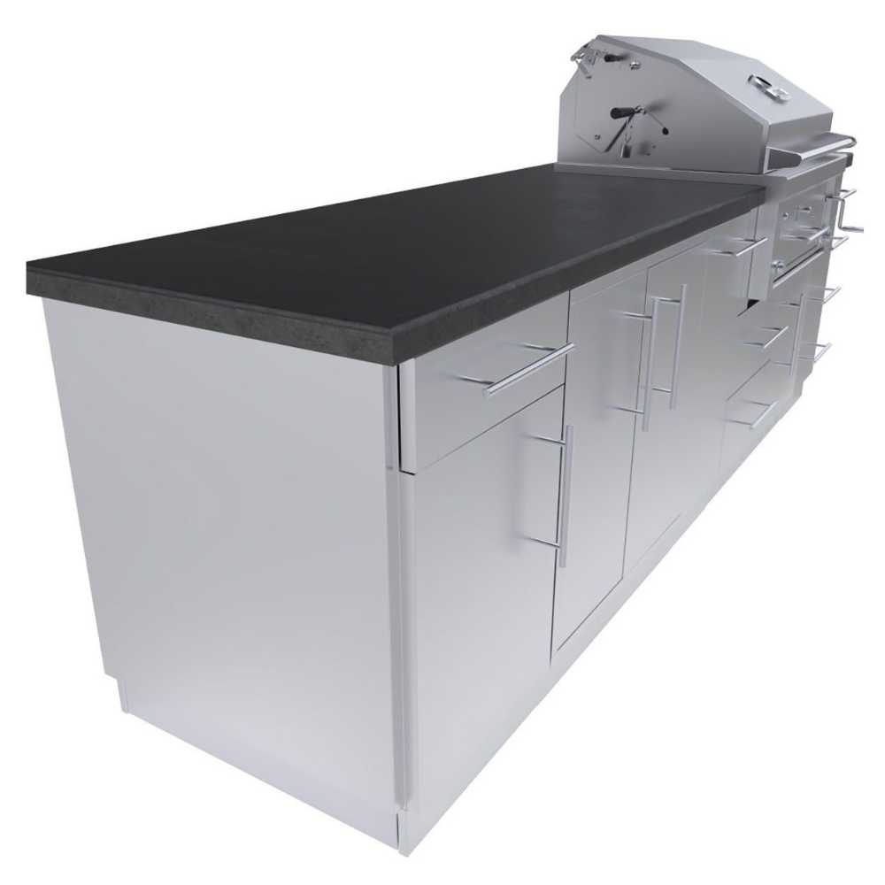 Sunstone Alamo 9ft Outdoor Hybrid Gas Charcoal Grill & Cabinet Island Package is viewed from the side, showing a long black countertop and multiple sleek cabinets
