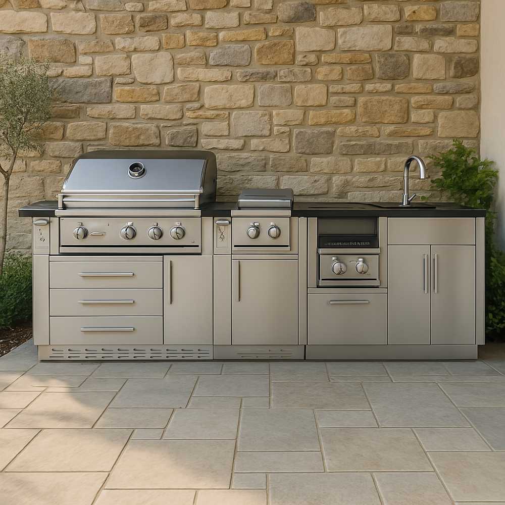 Sunstone Austin 9ft Outdoor Grill & Cabinet Island Package features a stainless grill, power burner, sink, and cabinets against a stone wall backdrop