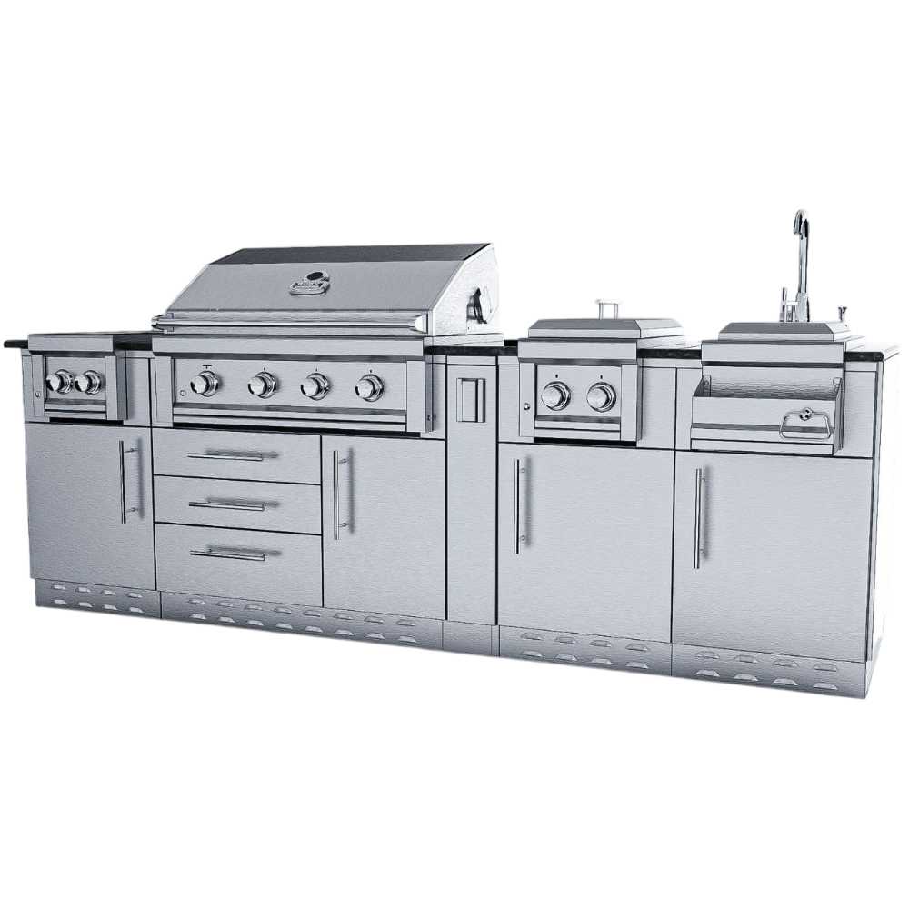 Sunstone Austin 9ft Outdoor Grill & Cabinet Island Package is shown in a grayscale render with every feature—from knobs to sink—detailed clearly