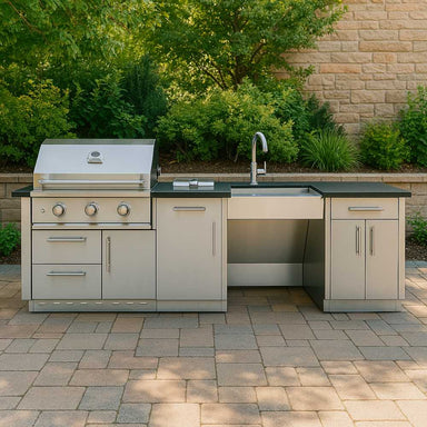 Sunstone Cabana 10.7ft ADA Compliant Outdoor Grill & Cabinet Island Package includes a grill, sink, and accessible open-knee cabinet design