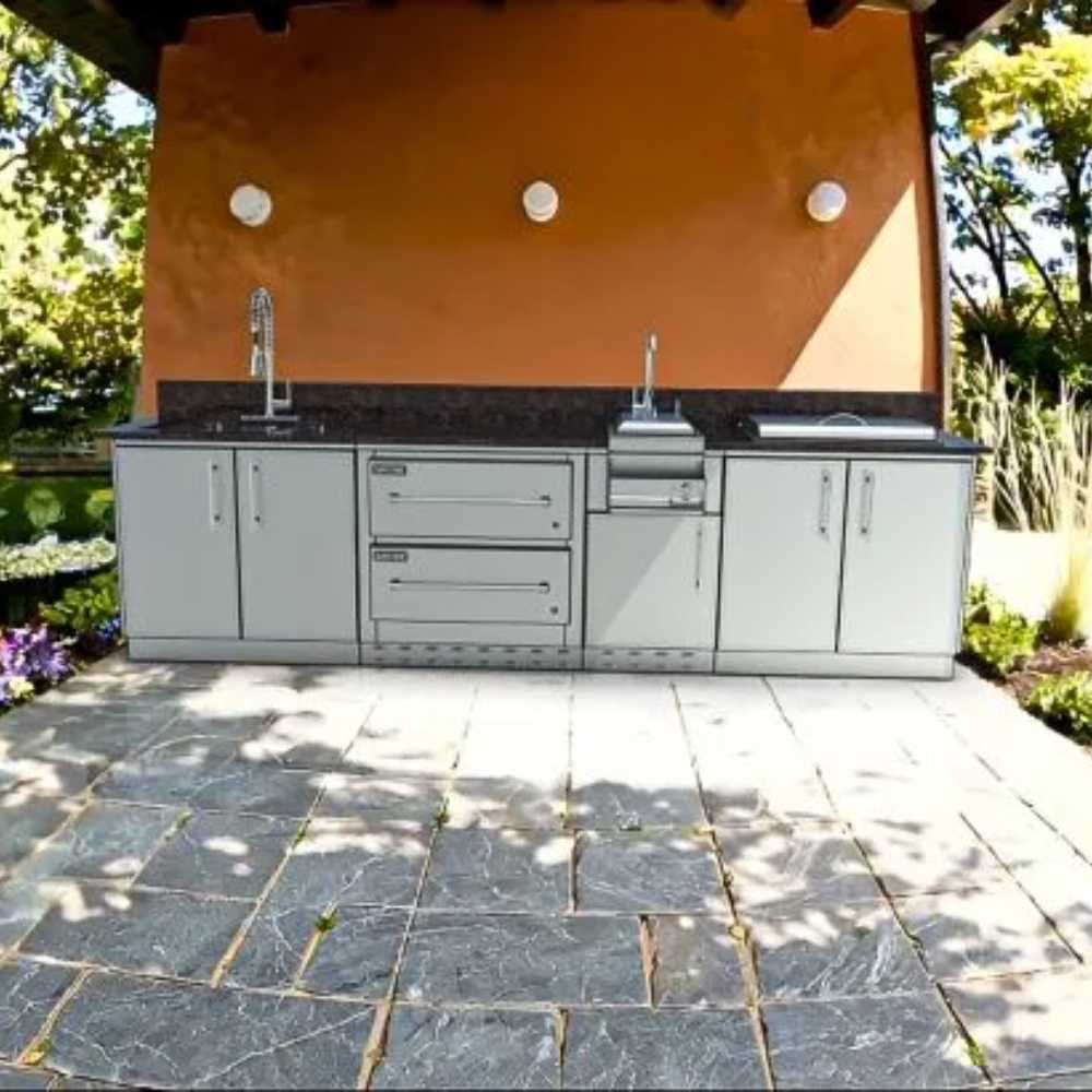 Sunstone Galley 10ft 8in Clean & Prep Cabinet Island Package is placed against an orange wall in a sunny outdoor space with dark stone flooring