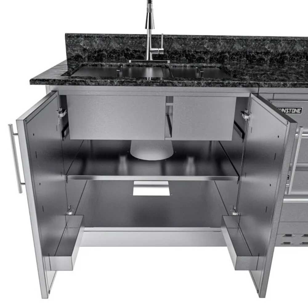Sunstone Galley 10ft 8in Clean & Prep Cabinet Island Package shows the open sink cabinet area with plumbing cutouts and stainless steel shelving