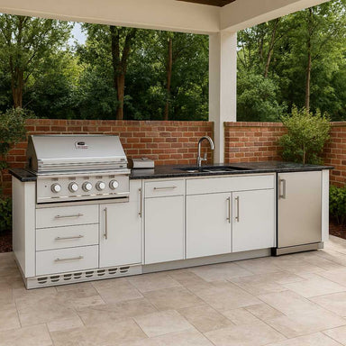 Sunstone Intermediate 9ft Outdoor Grill & Cabinet Island Package features a built-in stainless steel grill, sink, fridge, and storage in a sleek outdoor setup