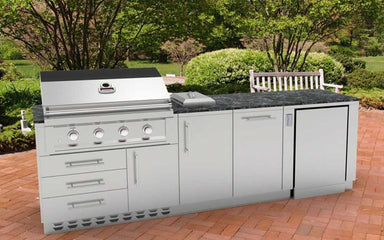Sunstone Intermediate 9ft Outdoor Grill & Cabinet Island Package is shown outdoors on a patio