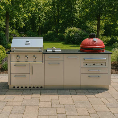 Sunstone Kamado 8ft Outdoor Grill & Cabinet Island Package features a stainless gas grill, storage drawers, and a bold red Kamado grill for outdoor cooking