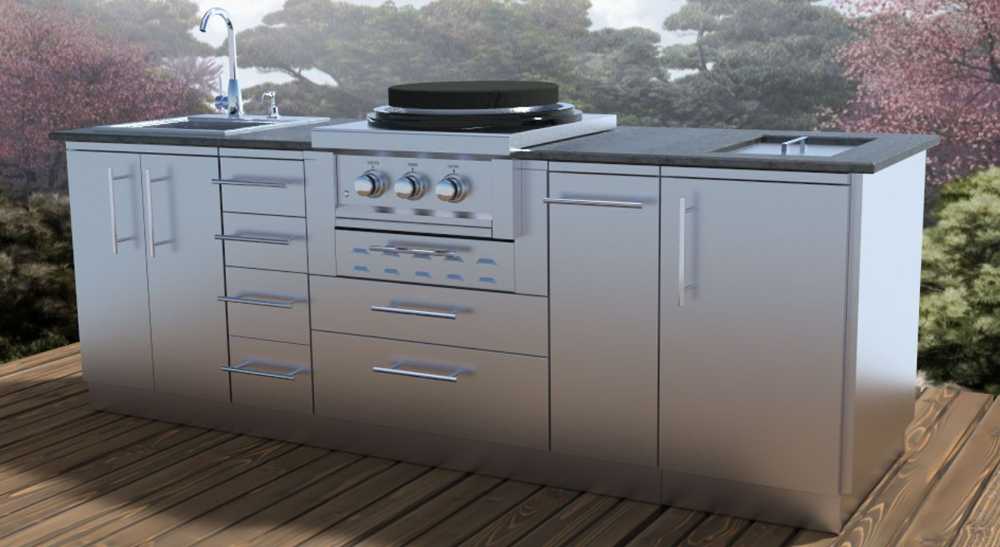 Sunstone Mongo 8ft Outdoor Grill & Cabinet Island Package is pictured outdoors on a wooden deck surrounded by trees, blending function with scenic beauty