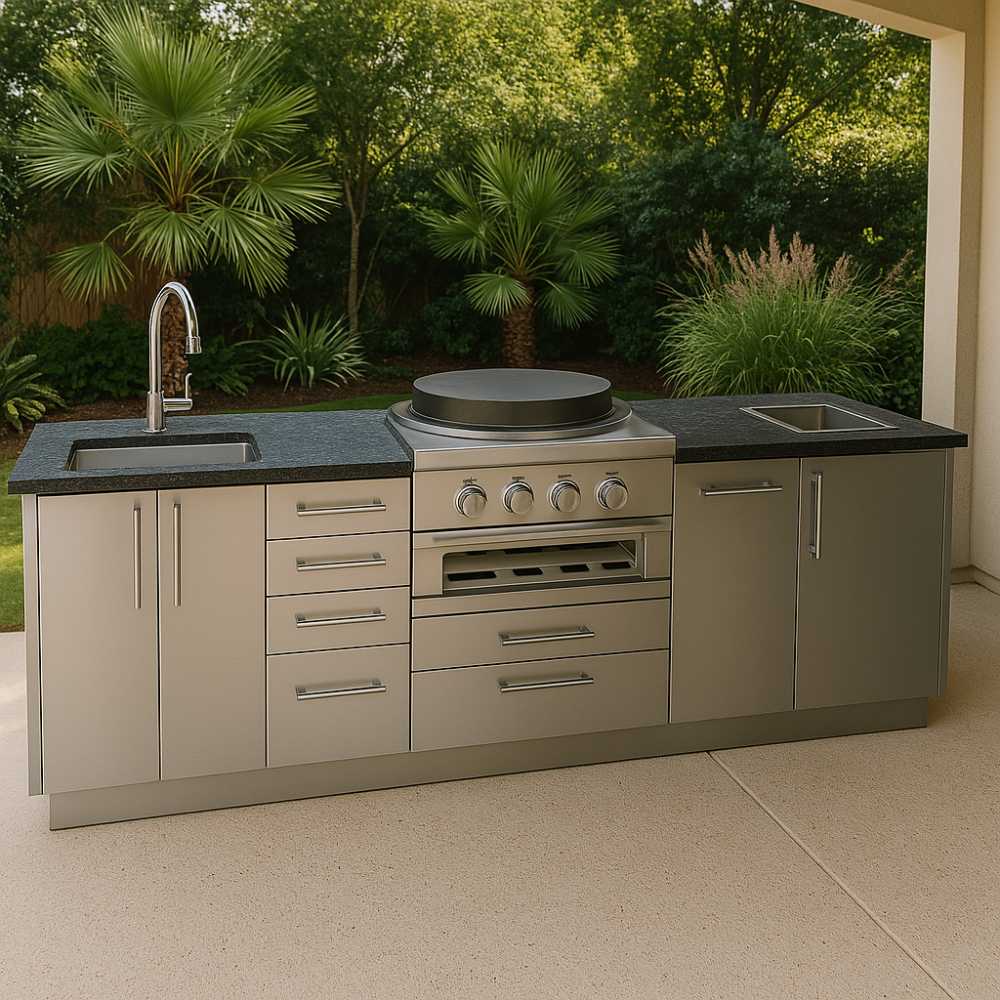 Sunstone Mongo 8ft Outdoor Grill & Cabinet Island Package showcases a round cooktop, dual sinks, and stainless cabinets in a tropical backyard setting