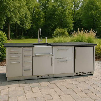 Sunstone Savanna 8.5ft Wet Bar Outdoor Island Package includes a deep sink, faucet, fridge, and ample drawer storage in a sleek stainless design