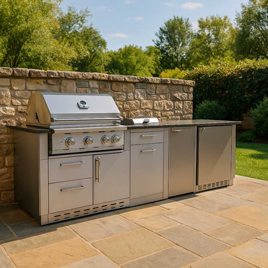 Sunstone Tango 7ft Outdoor Grill & Cabinet Island Package includes a stainless grill, side burner, fridge, and storage cabinets set against a stone wall