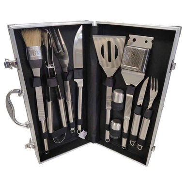 Sunstone 10 Piece Stainless Steel BBQ Tool Set w Carry Case is opened upright, displaying all ten polished stainless steel grilling tools stored in custom straps inside the case