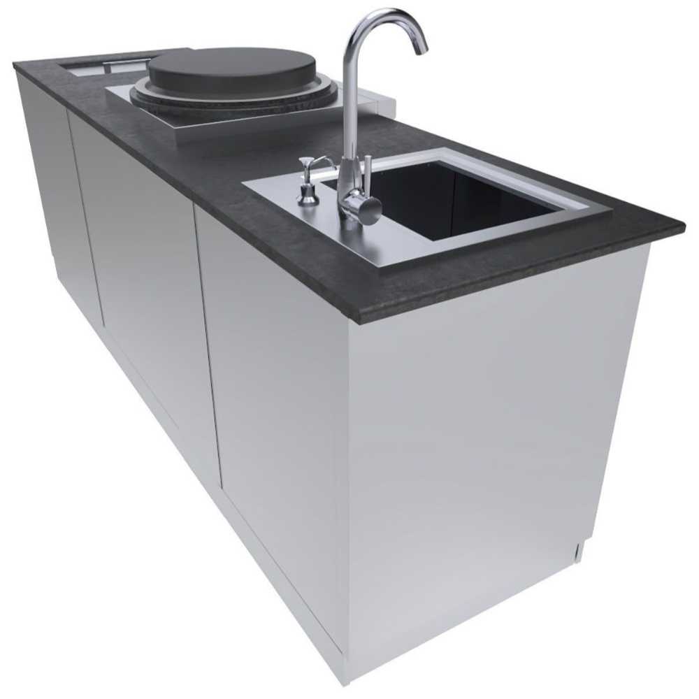 The back of the Sunstone Mongo 8ft Outdoor Grill & Cabinet Island Package is visible, with clean panels and a prominent sink with faucet