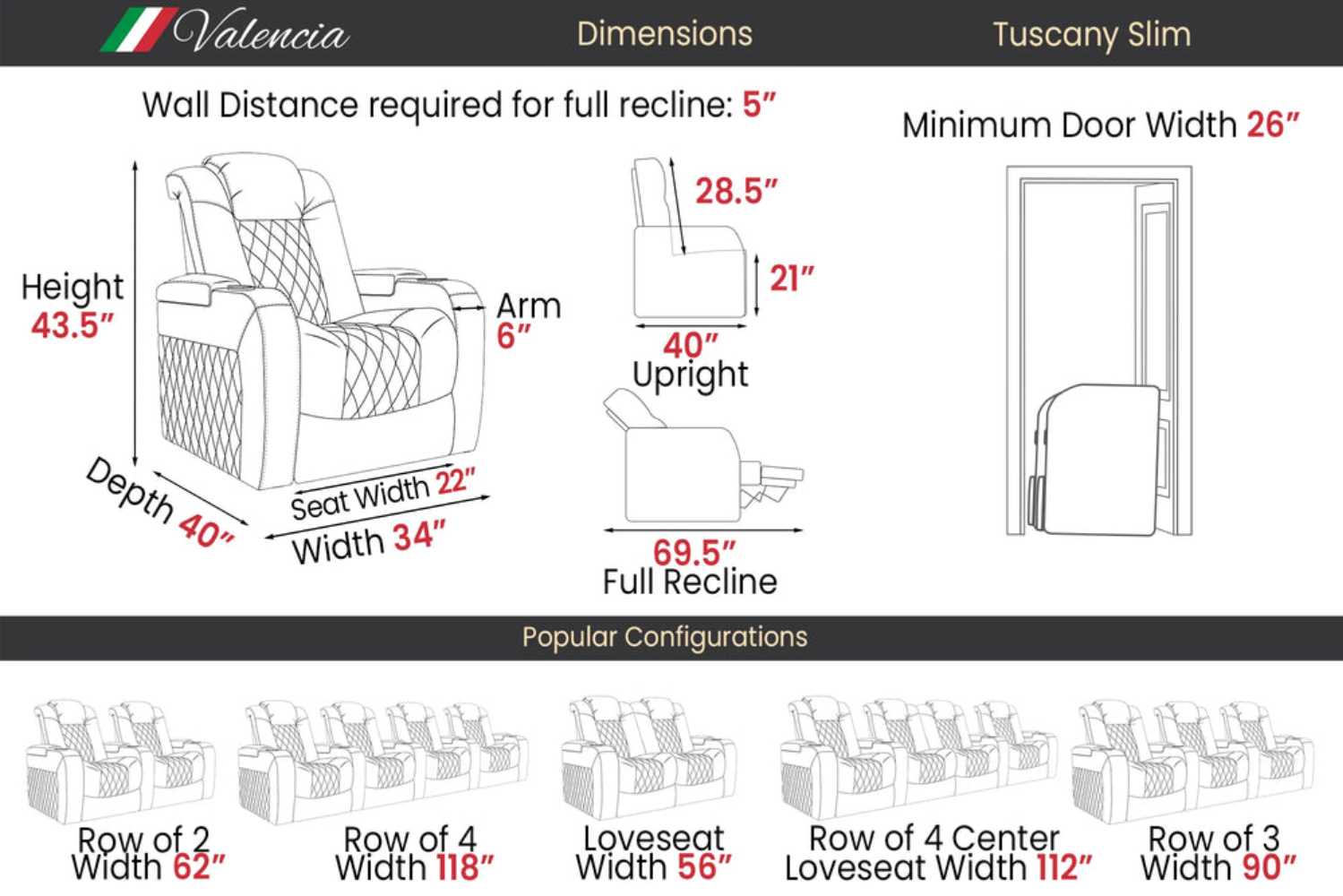 The detailed dimensions and configurations for the Valencia Tuscany Slim Home Theater Seating