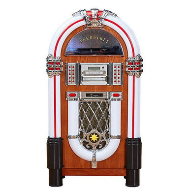 The front view of Arkrocket Taurus II Jukebox - Maple 2024 New Upgrade displays with wood paneling, illuminated buttons, and a central speaker grill