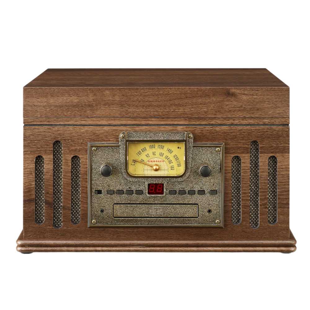 The front view of the Crosley Musician Entertainment Center - Walnut shows a vintage-style radio dial, built-in speakers, and control panel