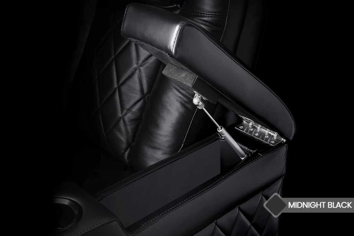 The hidden arm storage compartment of the Valencia Tuscany Slim Home Theater Seating