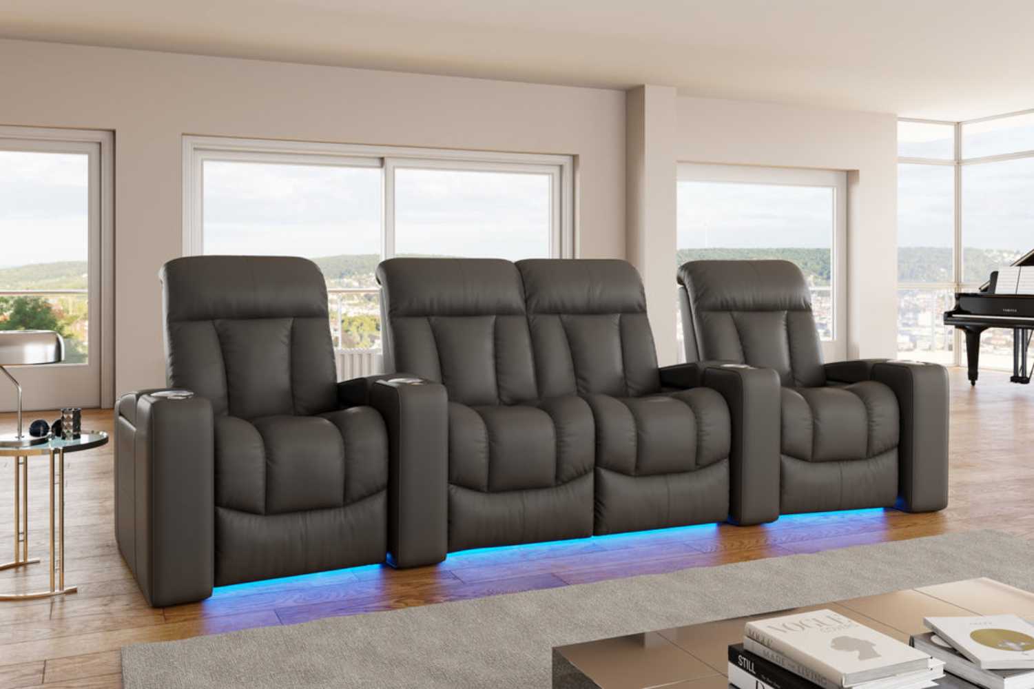 The image highlights Valencia Olivia Home Theater Seating with its wide, padded seats and reclining features in a spacious room with natural light