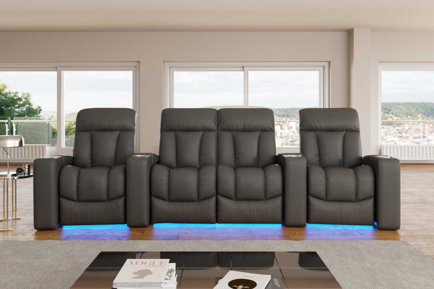 The image shows a straight front view of Valencia Olivia Home Theater Seating, showcasing its comfortable, modern design with four reclining seats