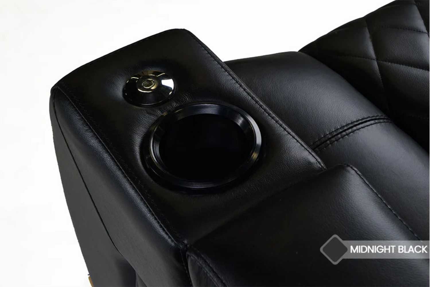 The sleek LED-illuminated cup holder on the Valencia Tuscany Slim Home Theater Seating