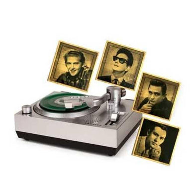 The turntable is surrounded by vintage artist portraits in this presentation of the Crosley RSD3 Mini Turntable for 3 Inch Vinyl Records w Sun Records Set of 4