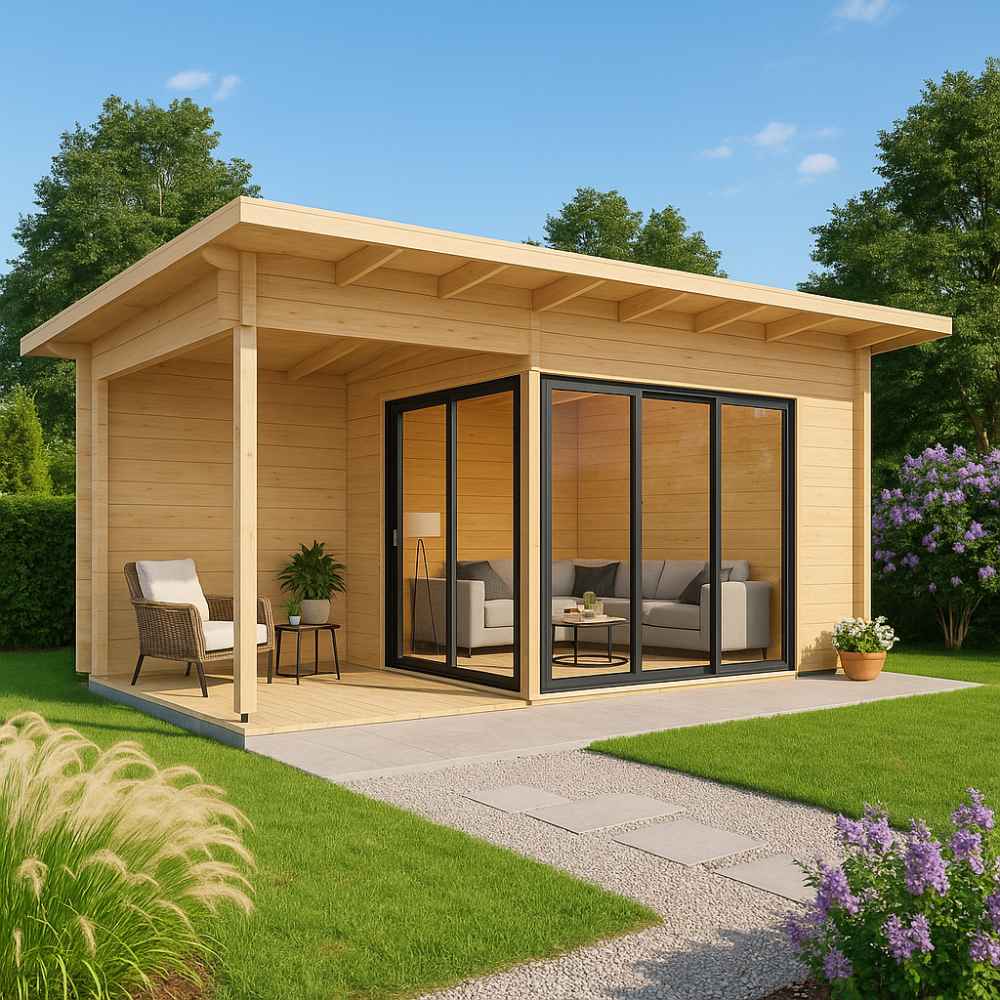 This GardenHouse24 USA Starla 44C ALU ISO Garden Room is shown with patio seating in a lush garden, creating a cozy and modern outdoor retreat