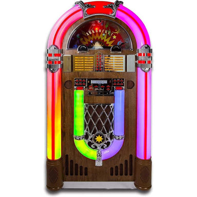 This front-facing view of the Arkrocket Saturn V Full Size Bluetooth Vinyl Record Jukebox showcases its vivid, multicolored lighting and classic jukebox style