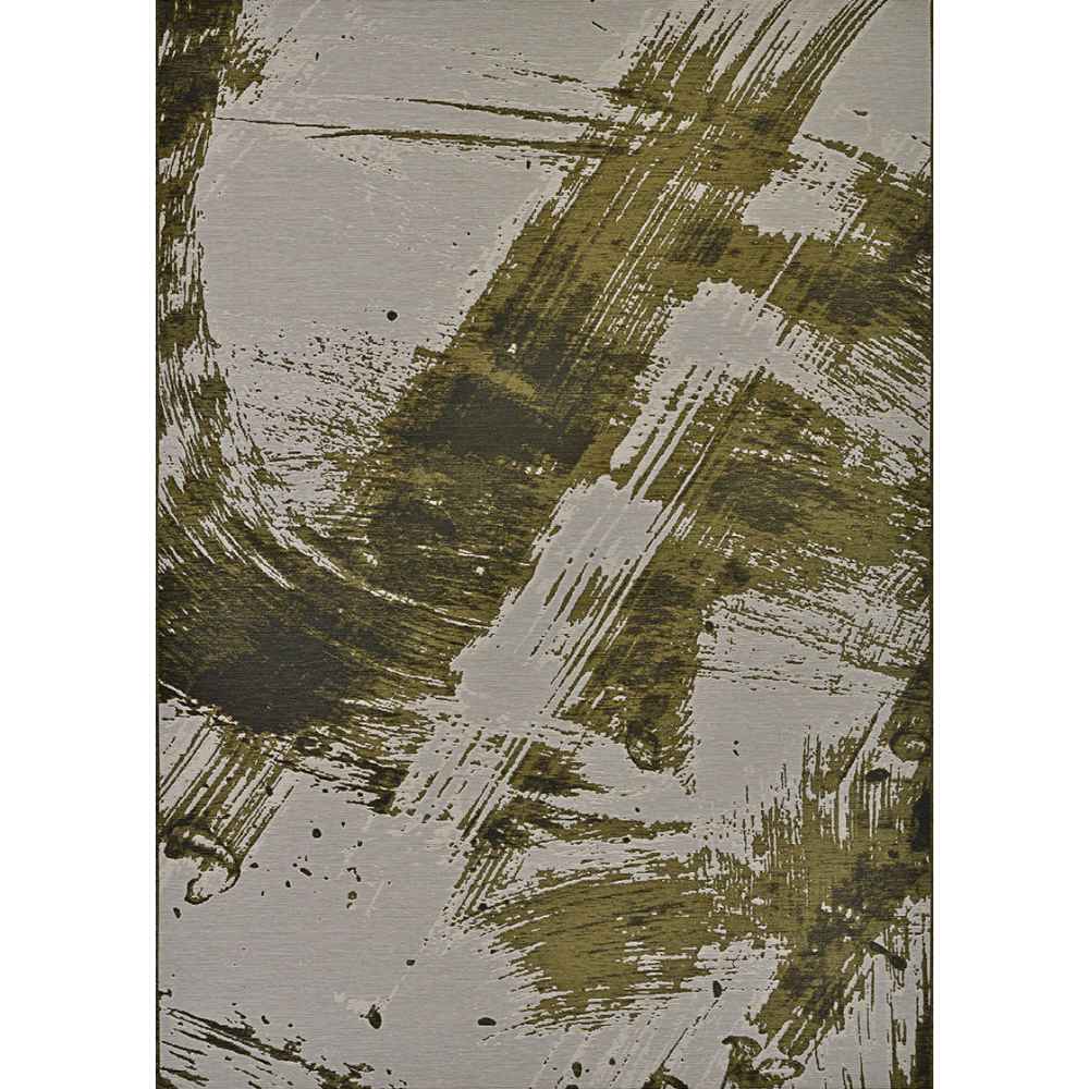 Top-down full view of the Couristan Castille Indoor/Outdoor Rug - Canvas/Tea Leaf reveals the full abstract brushstroke design in tea leaf green and gray