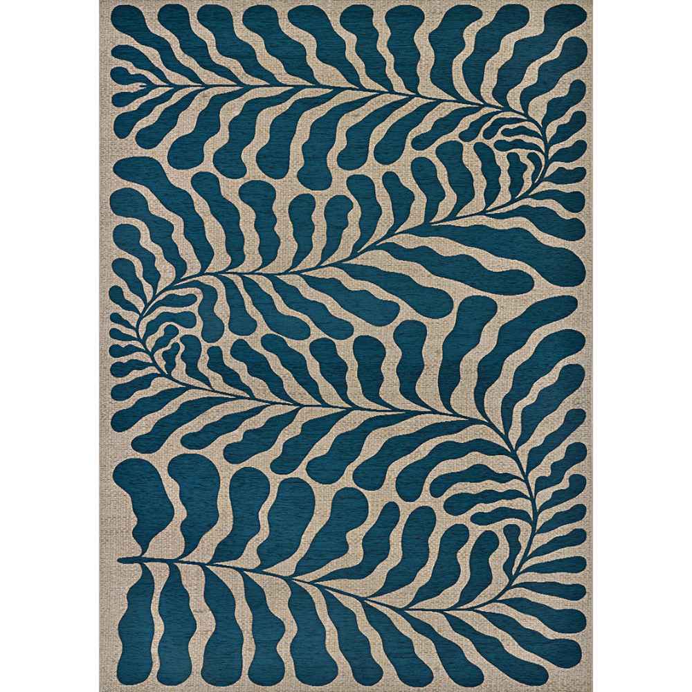 Top-down view of the Couristan Castille Indoor/Outdoor Rug - Fiore/Petrol showcases its large-scale botanical design resembling swirling fern fronds