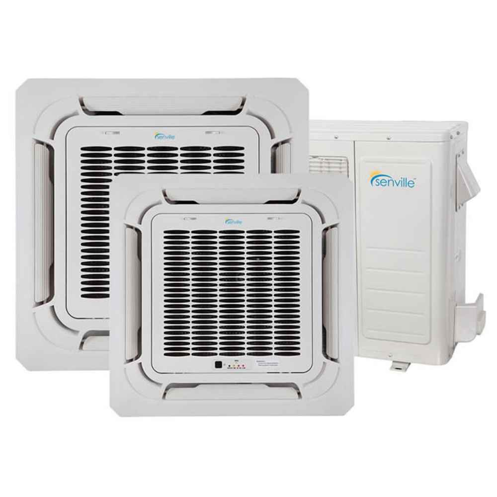 Two white square ceiling cassette indoor units alongside the outdoor unit of Senville 36000 BTU Dual Zone Mini Split Air Conditioner - SENA36HFDIC