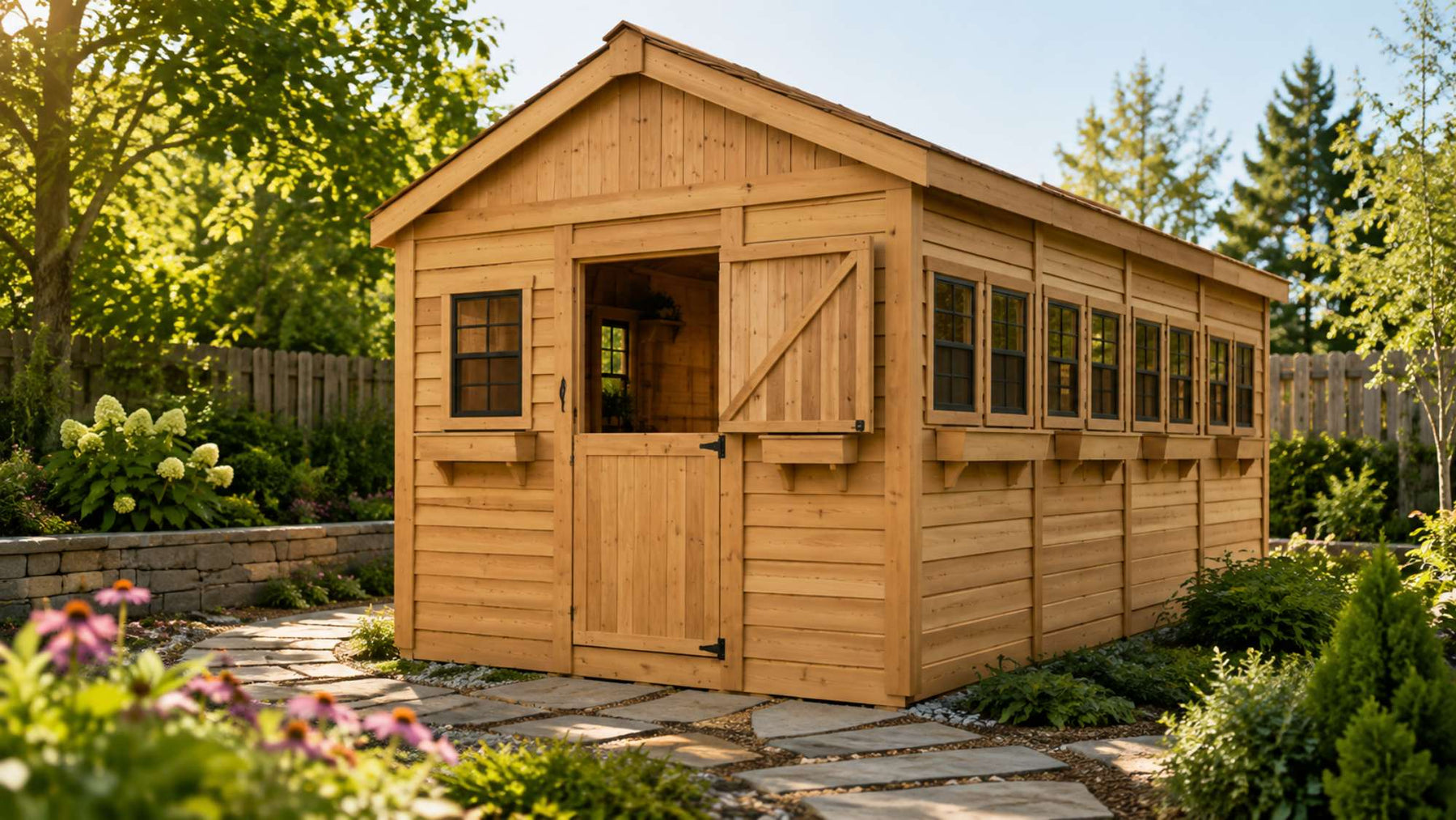 12x16 shed with natural cedar siding, a Dutch-style front door, multiple side windows, and a stone garden path surrounded by lush landscaping