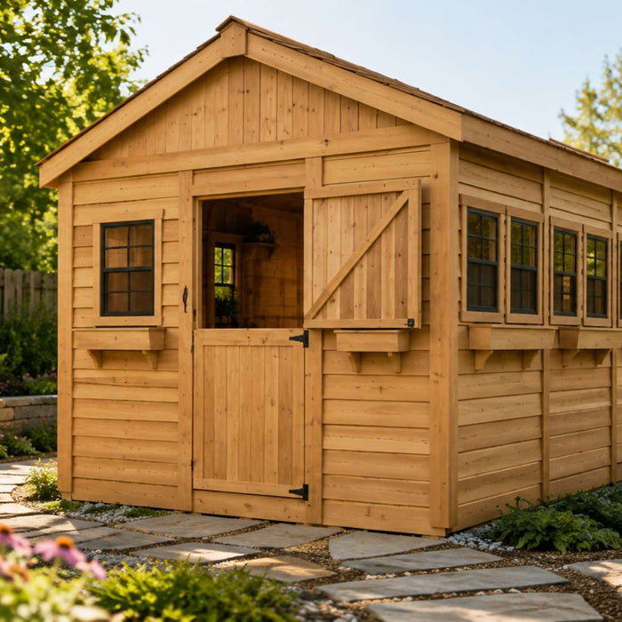 12x16 shed with natural cedar siding, a Dutch-style front door, multiple side windows, and a stone garden path surrounded by lush landscaping