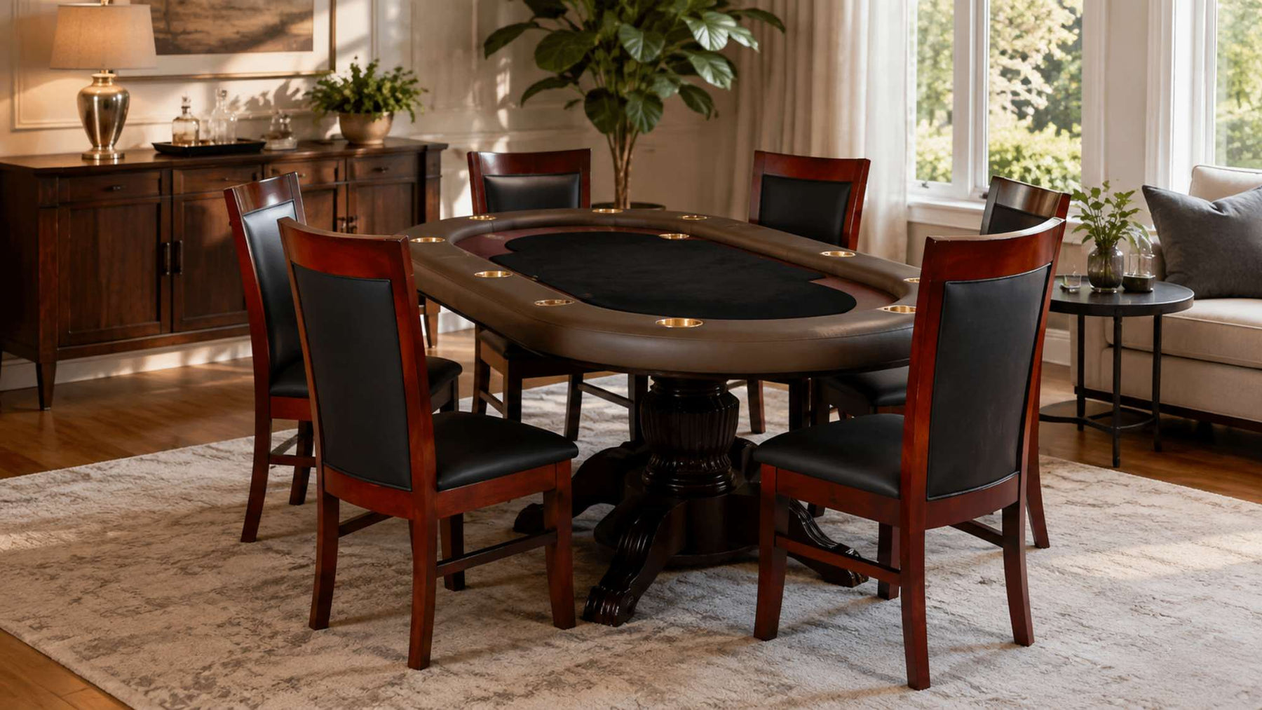 A poker dining table with a black playing surface and matching wood-and-black chairs sits in a bright, elegant living space